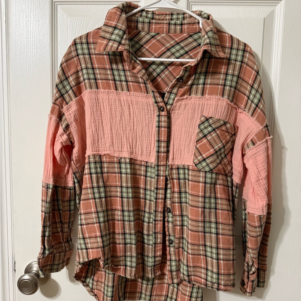 Women's Plaid Button Down Shirt in Pink and Brown